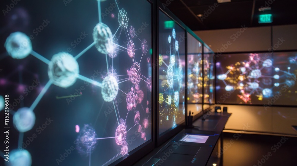 Poster Colorful digital representations of molecular connections display advanced research techniques in artificial intelligence and biotechnology.