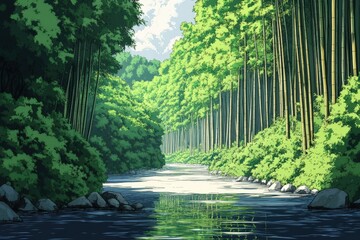 Serene Bamboo Forest Stream Landscape Scene