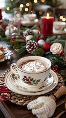 Fototapeta premium A festive Christmas table setting with a candle, tea cups, plates, cake, and holiday treats including coffee, chocolate, fruit, and decorations, creating a cozy and sweet holiday atmosphere