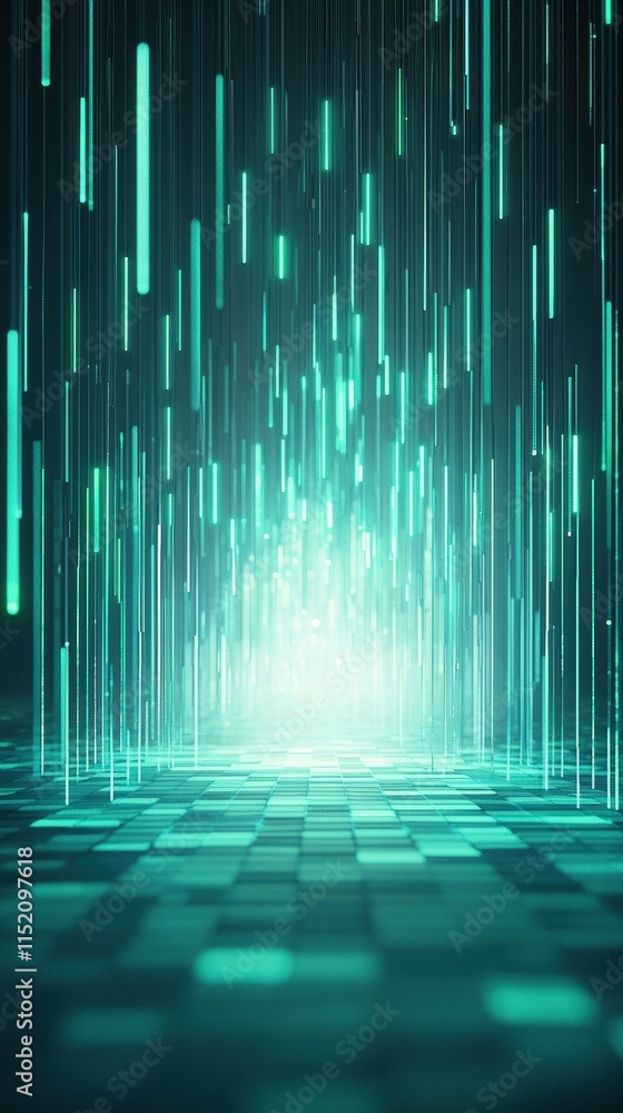Poster glowing vertical rods with pulsing patterns in a futuristic space background