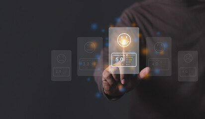 Customer Review, Young Man hand touching five star to review and give 5 stars with very good results in service, Good review 5 star rating choice feedback