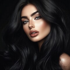 Naklejka premium A stunning close-up portrait of a woman with long, sleek black hair cascading down her shoulders.