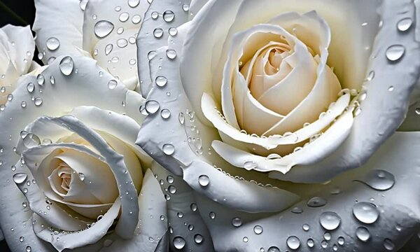 white roses background. floral background. white roses covered with water drops. background for wallpaper design. video cover, postcard