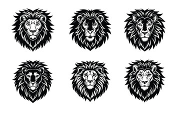 Wild roaring lion king head Silhouette set. Tatto vector illustration