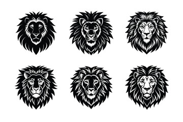 Wild roaring lion king head Silhouette set. Tatto vector illustration