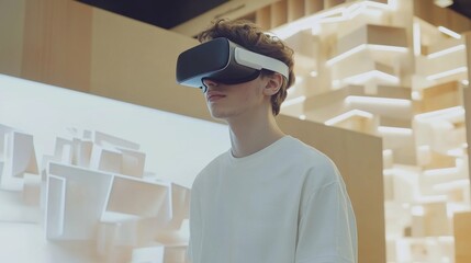 A young man in VR glasses creates a 3D model against the background of a modern office. In front of him is a screen with futuristic visualizations. The space is minimalistic, with neutral colors.