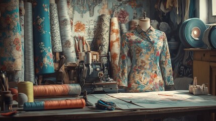 The designer is working on a sketch of clothes in his workshop. There are mannequins, fabrics, rolls with patterns on the background. 