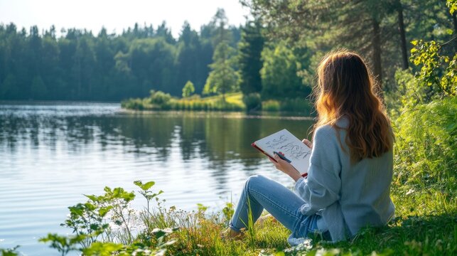 A young woman is sitting on the edge of a lake with a notebook and pencil, drawing a landscape. There are green trees all around, calm water reflects the sky. Sunlight, light shadows from the foliage.