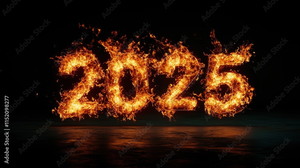 Poster fiery display of numbers 2025 in flames against a dark background