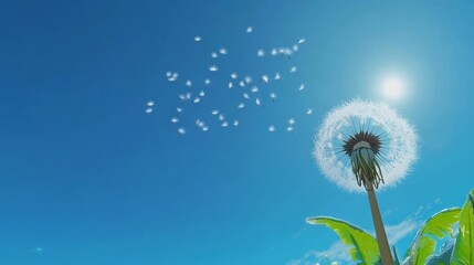 Dandelion with seeds blowing away in the wind across a clear blue sky with copy space
