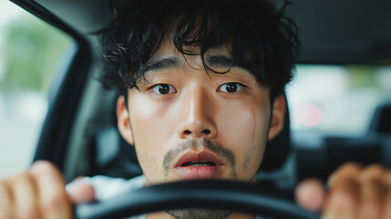 A man is driving a car and he's shocked