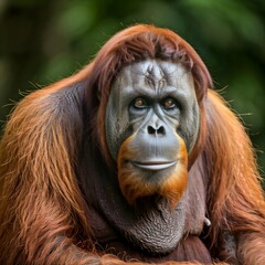 Fototapeta premium An adult male orangutan with reddish-brown fur and a serious expression, set against a blurred green background