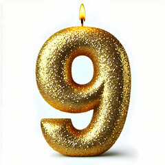 Golden candle number 9 in glitter texture isolated on white background
