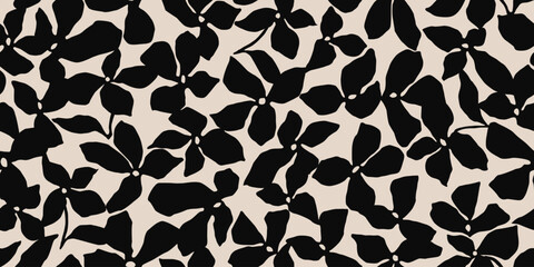 Minimalistic abstract floral pattern. Flower seamless background. Modern print in black and white. Ideal for textile design, fabric printing, wallpaper, covers, cards, posters. Vector illustrations.