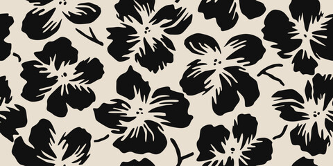 Minimalistic abstract floral pattern. Flower seamless background. Modern print in black and white. Ideal for textile design, fabric printing, wallpaper, covers, cards, posters. Vector illustrations.