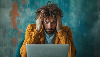 Stressed young man with disheveled hair expressing frustration while working on a laptop, set against a colorful textured wall background.