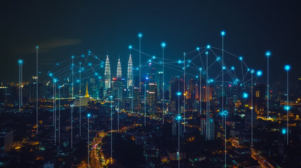 Obraz premium Smart digital city with connection cyber security network reciprocity over the cityscape . future smart wireless digital city and social media networking systems that connects people within the city