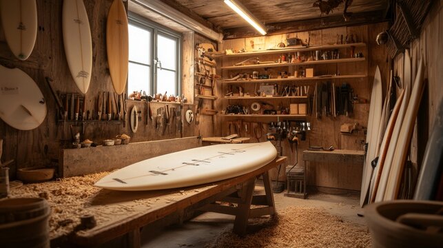 Artisan Surfboard Workshop with Handcrafted Surfboards, Tools, and Wooden Shelves in Natural Light