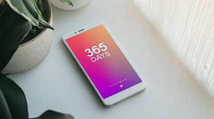 Modern Smartphone with Gradient Screen Displaying "365 Days" App Concept Amidst Minimalist Indoor Plants