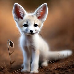 Fototapeta premium Adorable Fennec Fox Kit: A captivating portrait of a Fennec fox kit, its large ears and endearing expression stealing the show against a softly blurred autumnal background. 