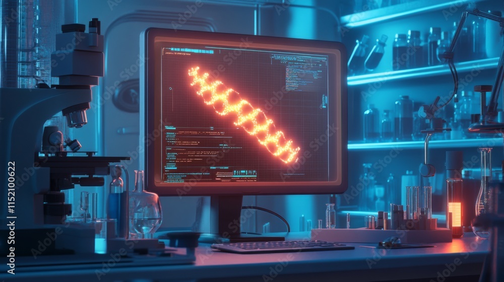 Poster A brightly lit laboratory features a computer monitor with a glowing DNA sequence visualization.