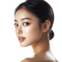 Fototapeta premium A young Asian woman with flawless skin, showcasing beauty and health through makeup and skincare.