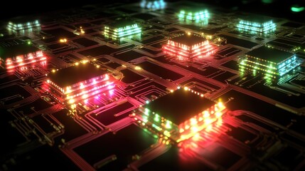 Fototapeta premium A conceptual visualization of a microchip network, with glowing connections linking multiple processors in a synchronized system