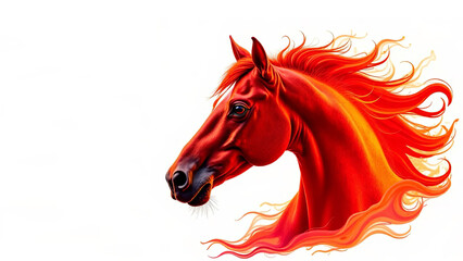 Head of a red fiery horse with flames around it. White background. Symbol of Chinese New Year 2026. Copyspace