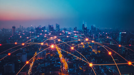 Fototapeta premium Smart digital city with connection cyber security network reciprocity over the cityscape . future smart wireless digital city and social media networking systems that connects people within the city
