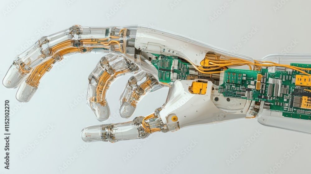 Poster a cross-section of a robotic arm, revealing the microchip network managing joint movement and sensor
