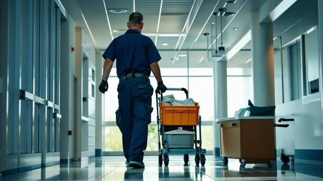 Janitor in uniform pushing a cleaning cart along the corridor of a modern building