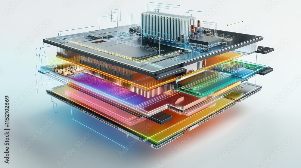 Poster a cross-sectional diagram of a digital microchip, highlighting the transistors, pathways, and core p