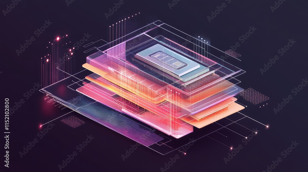 Poster a cross-sectional diagram of a digital microchip, highlighting the transistors, pathways, and core p