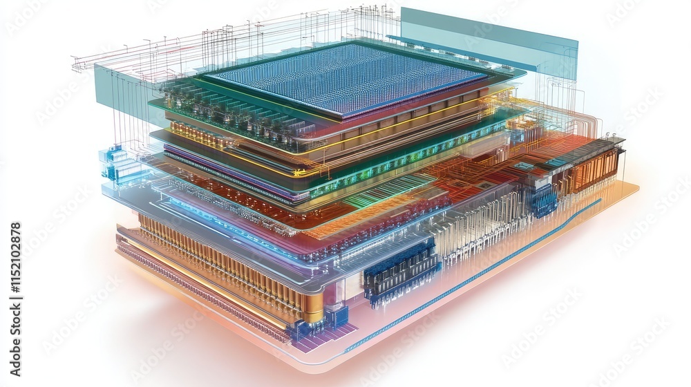 Poster a cross-sectional diagram of a digital microchip, highlighting the transistors, pathways, and core p