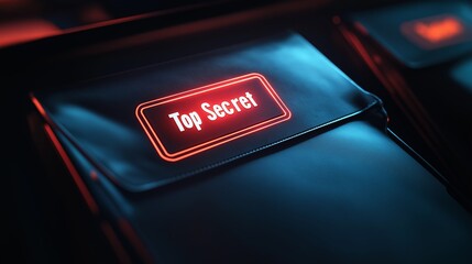 A minimalistic illustration featuring a folder labeled 'Top Secret' illuminated with a red glow against a dark background