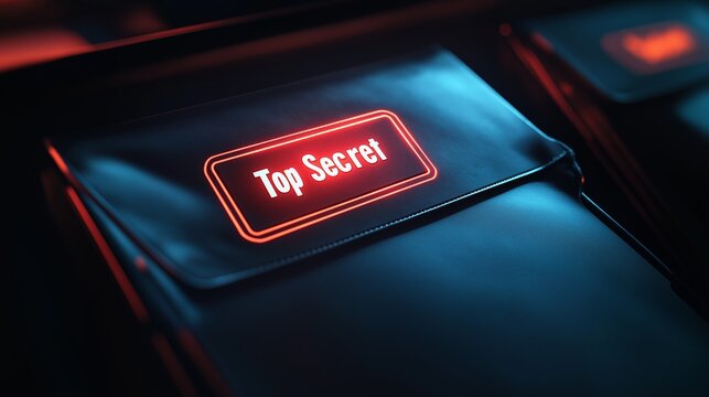 A minimalistic illustration featuring a folder labeled 'Top Secret' illuminated with a red glow against a dark background