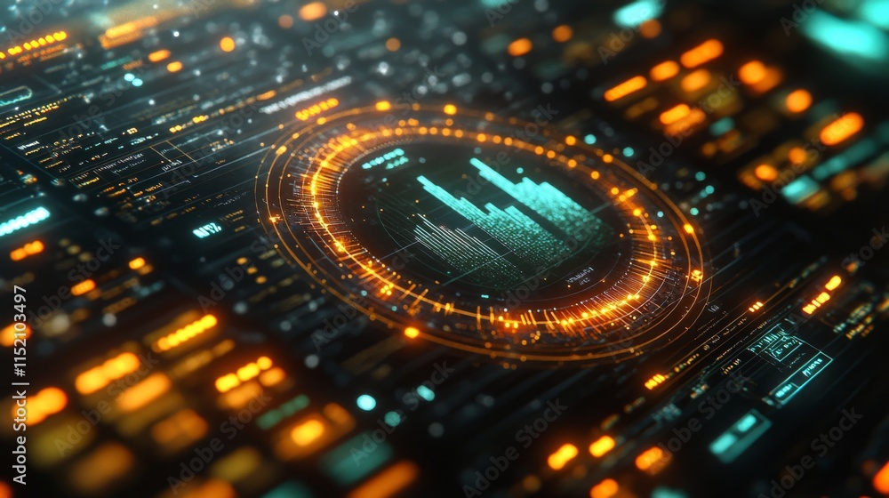Poster A digital interface showcases glowing metrics and a city skyline, representing data analytics and technology. The vibrant colors create a dynamic atmosphere, emphasizing innovation and insights.