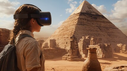 Female exploring ancient pyramids with vr headset in desert landscape