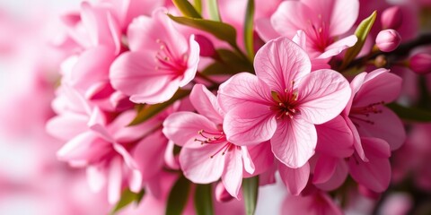 Fototapeta premium A cluster of delicate pink blossoms, their petals soft and veined, with a delicate blush of color and a hint of green foliage.