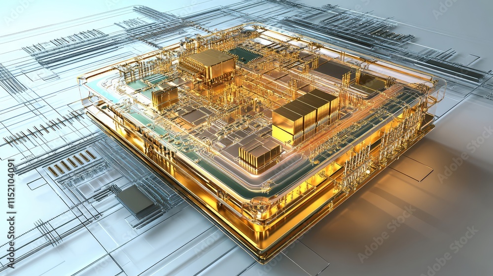 Poster a detailed 3d model of a microchip with layers of circuits, transistors, and gold-plated connectors 