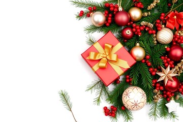 A festive arrangement of Christmas decorations and a gift box on a white background.