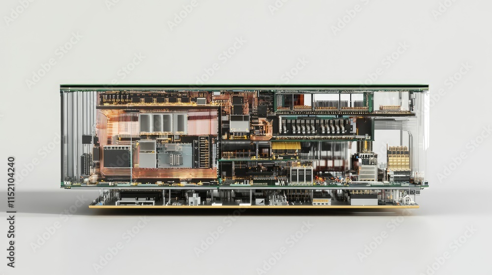 Poster a detailed 3d model of a microchip with layers of circuits, transistors, and gold-plated connectors 