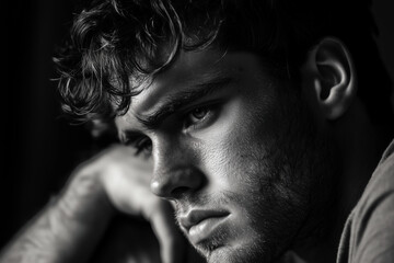 Black and white portrait of a young man holding his head looking sad