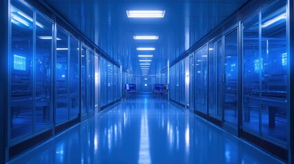 Interior of clean lab hallway with glass doors and blue lighting.