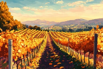 Naklejka premium Autumnal Vineyard Pathway Scenic Landscape View