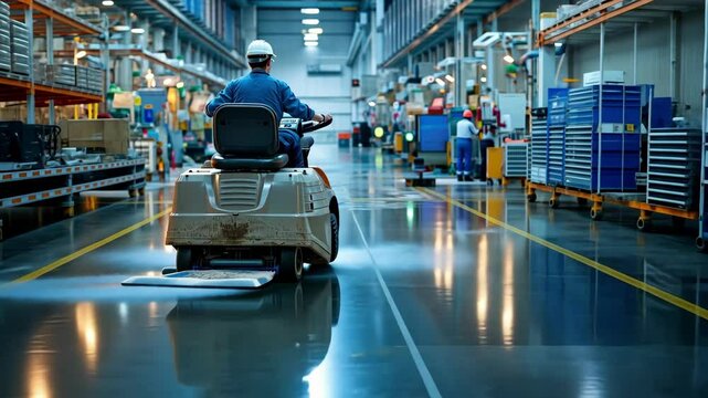 Worker driving a floor cleaning machine in an industrial factory with bright floor lines