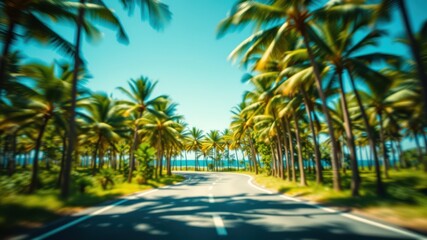 A winding road through a lush palm tree grove, with a blurred background and a hint of blue ocean in the distance
