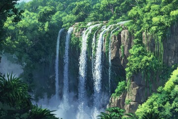Naklejka premium Lush Rainforest Waterfall Cascading Over Rocks