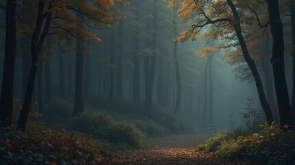 Obraz premium Mystical Forest with Autumn Foliage, Vibrant Fall Colors, and Enchanting Woodland Atmosphere.
