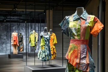 Colorful dresses displayed in contemporary fashion exhibition, s